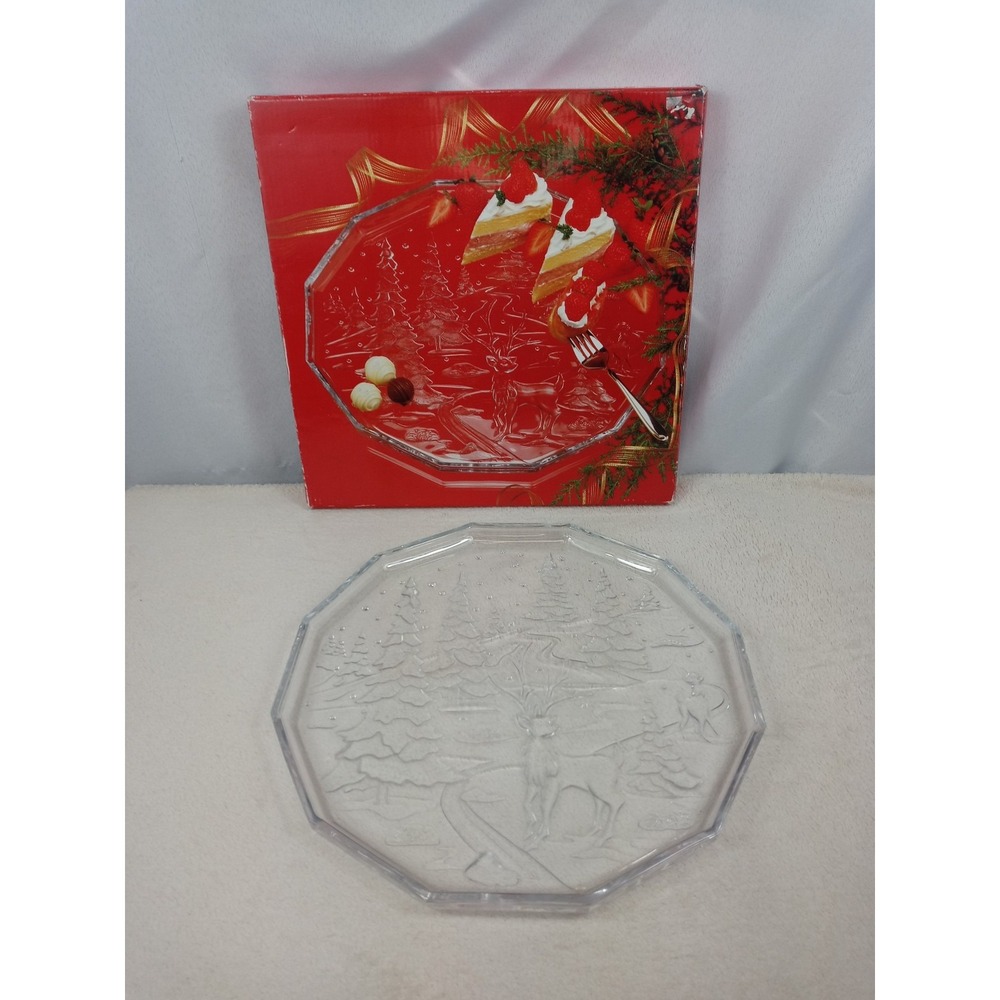 Home Beautiful Crystal 14" Serving Tray Holiday Embossed Reindeer Tree Beautiful